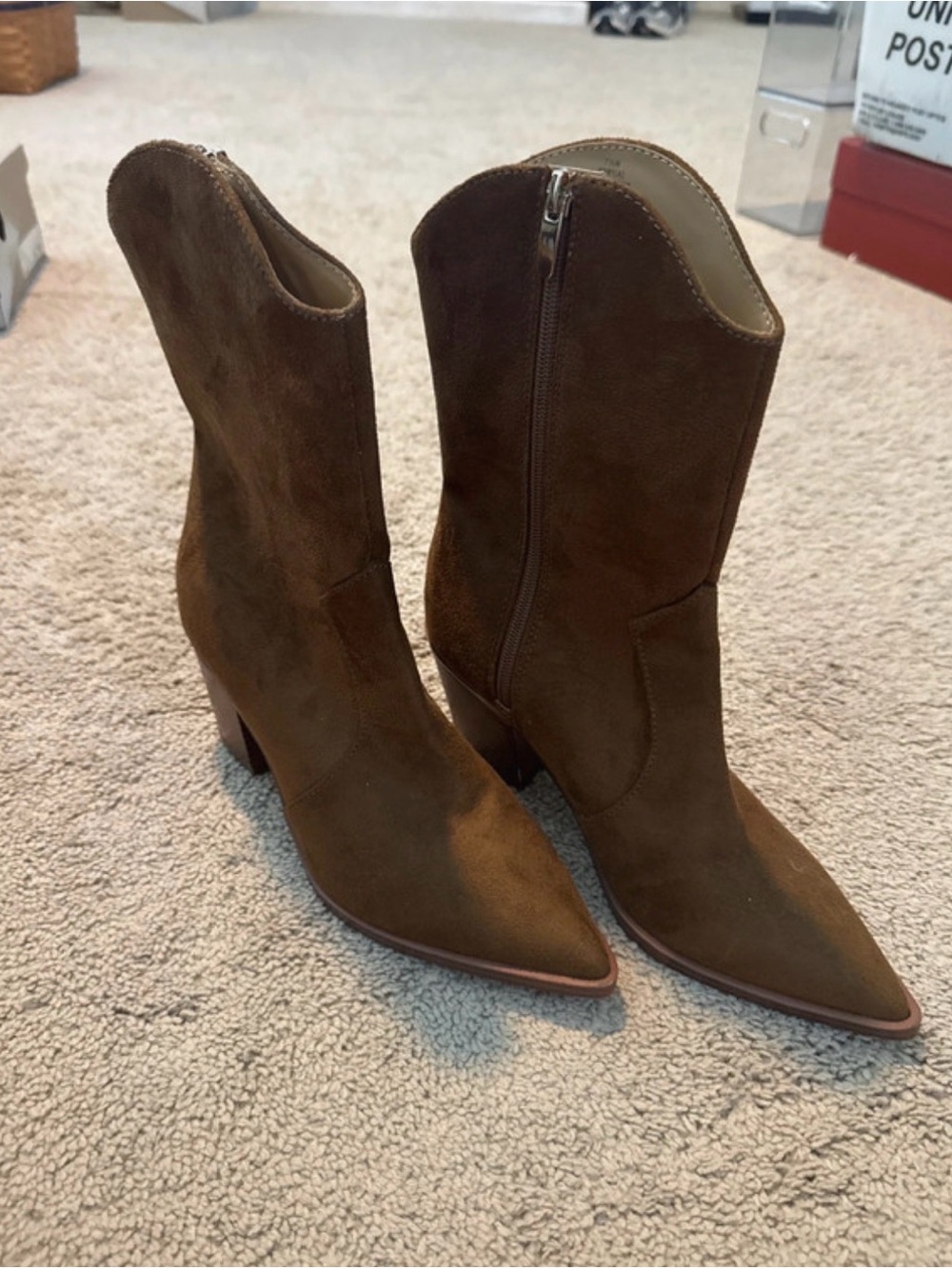 Nine West Brown Suede Pointed Toe Mid-Calf Heeled Boots